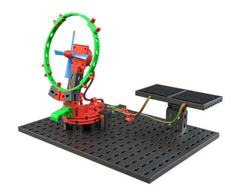 Green Energy Construction Kit With 343 Parts Multicolor STEM Build Set For Hands On Learning And Awesome Interactive Fun And Endless Creative Builds Ideal For Intermediate Makers And Future Engineers, wind turbine and solar panel model on base