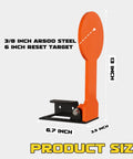 Three Eighths AR500 6 Inch Classic Popper Steel Target Auto Reset Orange For Pistols And Rifles shown with dimensions