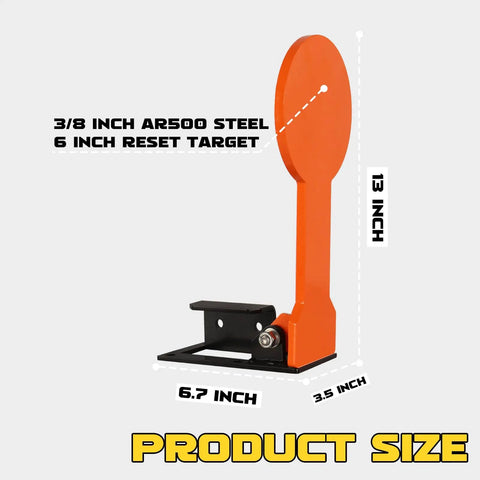 Three Eighths AR500 6 Inch Classic Popper Steel Target Auto Reset Orange For Pistols And Rifles shown with dimensions