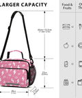 Insulated Lunch Bag For Kids And Women, The Go-To Large Capacity Cooler Tote With Shoulder Strap, 6.5L Interior, Fits Six Pack Or Multiple Lunches, Compact Yet Roomy, Front Pocket With Reflective Strip, Side Pockets, Trendy Print. Pink insulated lunch bag with shoulder strap and side pockets, 28 x 23 x 11 cm