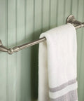 Sage Collection 3 Piece Decorative Bath Hardware Set in Brushed Nickel towel bar wall mounted, adds warm modern vibe.