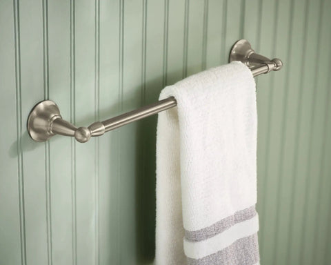 Sage Collection 3 Piece Decorative Bath Hardware Set in Brushed Nickel towel bar wall mounted, adds warm modern vibe.