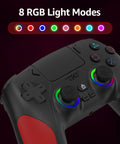 Close-up of Dope Wireless PS5 Controller For PC with RGB lighting, showing buttons and analog sticks, black with red accents.