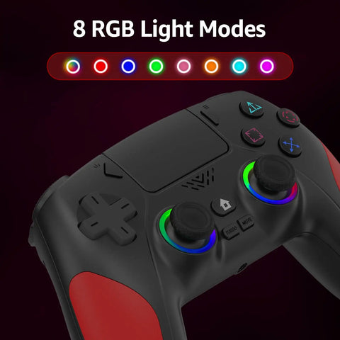 Close-up of Dope Wireless PS5 Controller For PC with RGB lighting, showing buttons and analog sticks, black with red accents.