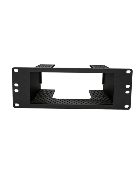 Heavy Duty 2U Rack Mount Shelf For 10 Inch Server Bracket, black metal structure with textured surfaces for secure gear placement.