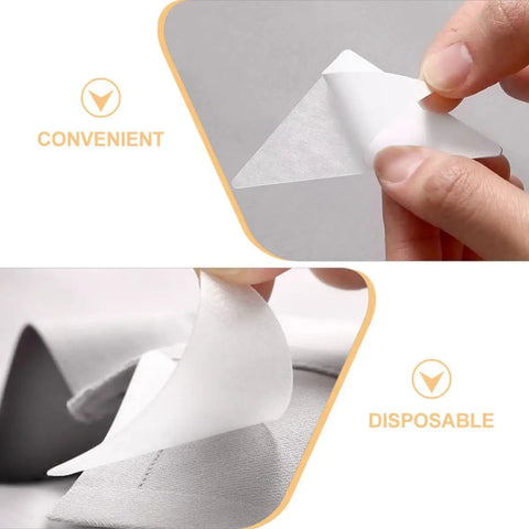25 White Adhesive Collar Stays Disposable PVC Shirt Fixes Ditch The Droop With These Business Ready Collar Guards Keep Your Fit Fresh For Any Occasion Easy One Time Use Triangular Shape For Snug Hold showing a hand peeling a triangular adhesive collar stay.