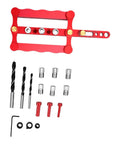 Self Centering Doweling Jig Kit With Premium Steel Bushings For Dead On Woodworking Alignments And Zero Sweat Setup, red jig with drill bits and bushings.