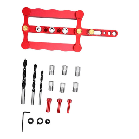 Self Centering Doweling Jig Kit With Premium Steel Bushings For Dead On Woodworking Alignments And Zero Sweat Setup, red jig with drill bits and bushings.