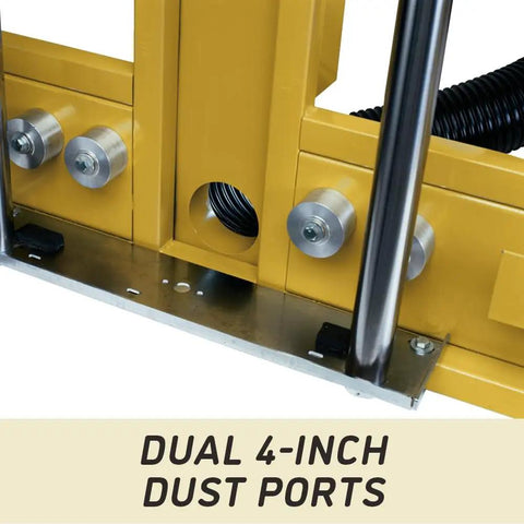 Details of dual 4-inch dust ports on the Badass Vertical Panel Saw With 3Hp Worm Drive Motor for efficient dust collection.