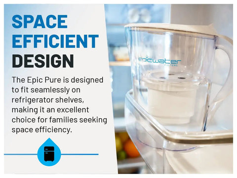Pure Filter Water Pitcher For Refrigerator 10 Cup Capacity With 150 Gallon Filter Tritan BPA Free Removes Fluoride Chlorine Lead And Forever Chemicals Easy Pour And Fridge Shelf Friendly, shown on fridge shelf