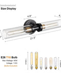 Industrial Modern Bathroom Wall Sconces With Clear Glass Tubes, 2 Light Vanity Lighting For Mirror, Hallway Or Living Room, Black Brushed Brass Finish, E26 Bulbs Not Included; wall sconce dimensions and bulb types shown