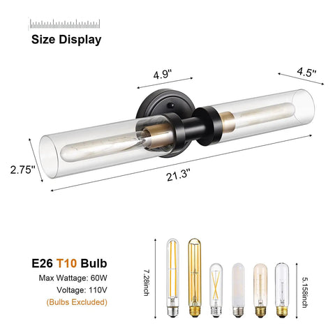 Industrial Modern Bathroom Wall Sconces With Clear Glass Tubes, 2 Light Vanity Lighting For Mirror, Hallway Or Living Room, Black Brushed Brass Finish, E26 Bulbs Not Included; wall sconce dimensions and bulb types shown