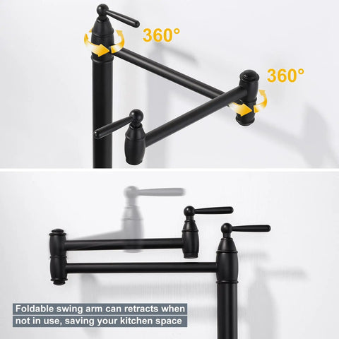 Deck Mounted Pot Filler Faucet In Brushed Gold With Folding Double Joint Swing Arms, Solid Brass Construction, Cold Water Only