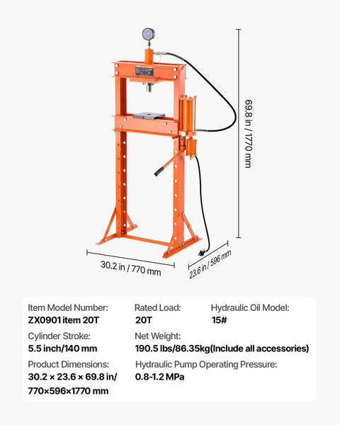 Hustle With This Bad Boy: Vevor 20 Ton Hydraulic Shop Press with pressure gauge and H-frame design for metal work.