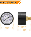 2 Inch Dial Air Pressure Gauge For Air Compressors And Filters Center Back Mount Quarter Inch NPT 0 To 160 PSI Brass Internals Black Steel Case Pack Of Two showing dimensions