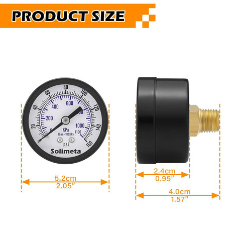 2 Inch Dial Air Pressure Gauge For Air Compressors And Filters Center Back Mount Quarter Inch NPT 0 To 160 PSI Brass Internals Black Steel Case Pack Of Two showing dimensions