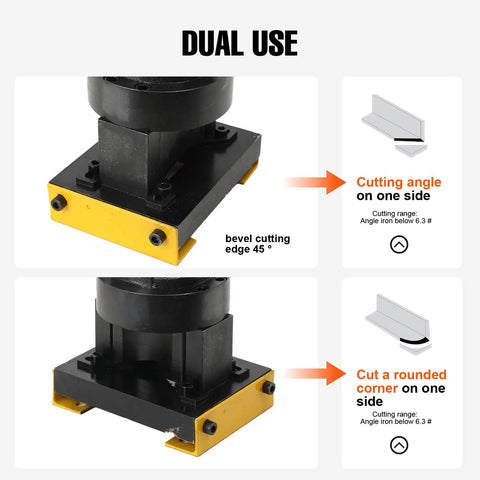 Top Notch 1400W Portable Electric Hydraulic Angle Cutter with bevel cutting edge for 45 degree cuts and rounded corners.