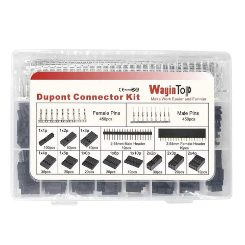 All In One 2.54mm Connector Crimping Tool Kit With 40 Pin Ribbon Cable And 1M Jumper Wires Includes Crimp Pins Terminals And Housing For 2.54mm Headers This Workhorse Crimper Handles 0.1 to 1.0 mm2 And 28 18 AWG shown in clear plastic box with labeled compartments
