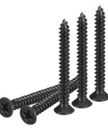 100 Pack Of Badass Black Flat Head Wood Screws Heavy Duty Self Tapping Fasteners In Four By One Inch Size Made From Tough 304 Stainless Steel, showing black flat head screws.
