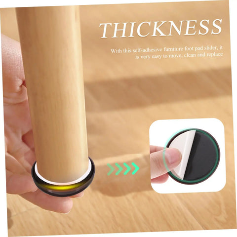 Round self adhesive glide pad being applied to a wooden chair leg to move heavy couches like butter with these adhesive glide pads.