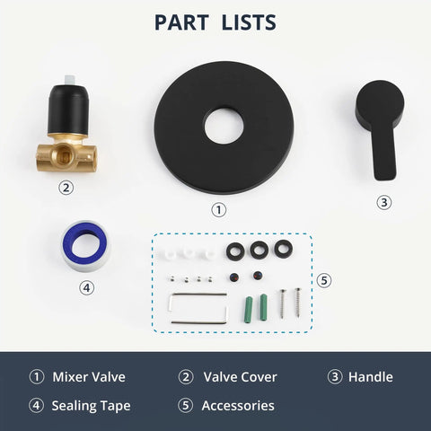 Parts for Matte Black Shower Valve Handle Kit for Wall Mount Rough-In Tub Shower Control Valves, showing handle and valve cover