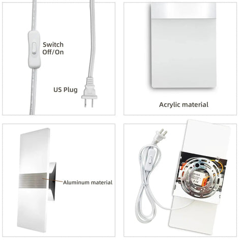 Two Pack Modern LED Wall Sconces Plug In Lights 10W 6000K Cool White Acrylic Wall Lamps With 6 Foot Cord And On Off Switch