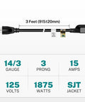 Heavy Duty Extension Cord 3 Feet 14 AWG 15A 125V Black UL Listed 1875W with 3 prong plug and SJT jacket