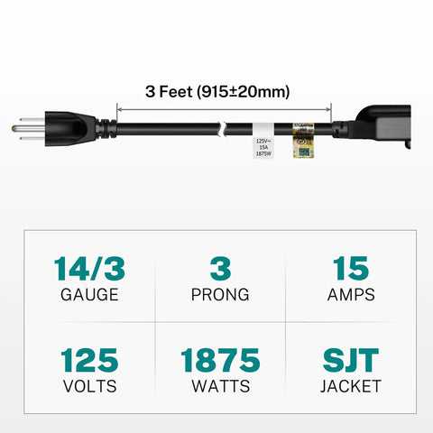 Heavy Duty Extension Cord 3 Feet 14 AWG 15A 125V Black UL Listed 1875W with 3 prong plug and SJT jacket