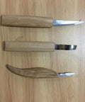 Premium Wood Carving Tools Kit Includes Hella Sharp Sloyd Knife And Hook Blade With Chip Carver, three tools with wooden handles.