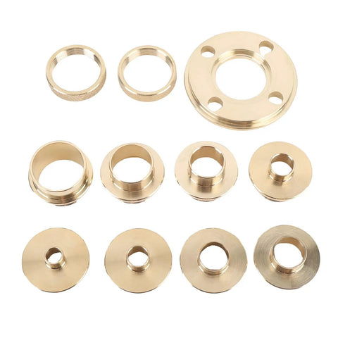 Heavy Duty Brass Router Guide Kit With 11 Piece Template Set For Woodworkers Expecting Top Shelf Precision and Cool Running Performance On Any Workshop Project Today, showing multiple brass bushings.