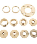 Heavy Duty Brass Template Guide Bushing Set With Eleven Precision Woodworking Router Adapters and Smart Storage Case, brass bushings arranged.