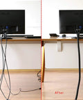 Before and after view of a desk with cables organized using a Ten Foot Half Inch Split Cord Protector Wire Loom Sleeve For USB, Power, Audio, And Video Cables Durable, Easy Load, Chew Proof Cat Safe Black For Home Office Gaming Setup And Entertainment Centers.