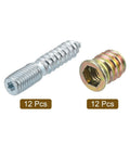M10x50mm Heavy-Duty Hanger Bolts And M10x20mm Threaded Insert Nuts, 12Pc Wood Dowel Screw Kit With Hex Socket Drive displayed.