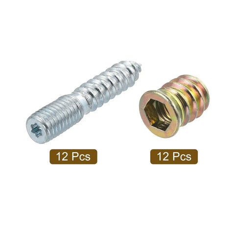 M10x50mm Heavy-Duty Hanger Bolts And M10x20mm Threaded Insert Nuts, 12Pc Wood Dowel Screw Kit With Hex Socket Drive displayed.