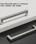 5 Inch Brushed Nickel Cabinet Pulls 10 Pack Square Handles Modern Stainless Steel Hardware For Cabinets Drawers Dressers Closets Smooth Brushed Nickel Finish Center Hole 5 Inch For Easy Installation showing two handles on white and dark surfaces