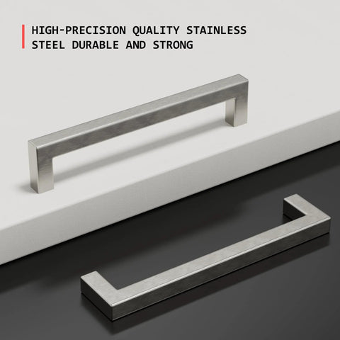 5 Inch Brushed Nickel Cabinet Pulls 10 Pack Square Handles Modern Stainless Steel Hardware For Cabinets Drawers Dressers Closets Smooth Brushed Nickel Finish Center Hole 5 Inch For Easy Installation showing two handles on white and dark surfaces