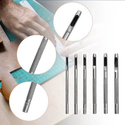 Six Piece Beefy Metal Hollow Hole Punch Kit for leather belt DIY crafts shown with steel punches on workbench