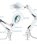 10X Magnifying Glass With Light And Stand, optical grade glass lens, adjustable swivel arm angles, LED desk magnifier, white