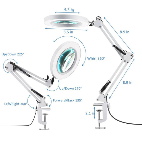 10X Magnifying Glass With Light And Stand, optical grade glass lens, adjustable swivel arm angles, LED desk magnifier, white