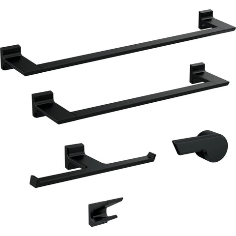 Pivotal 18-In Wall Mount Towel Bar In Matte Black Bath Hardware Accessory Made From Zinc With A Built Tough Durable Finish displayed with matching hardware pieces.