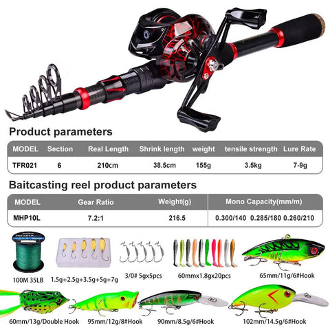 Image of Easy Start Fishing Rod And Reel Combo 6.9 Foot Telescopic Spincast Rod with Left Handed Baitcasting Reel Starter Kit and lures.
