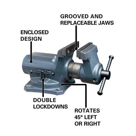 Super Junior Bench Vise 4 Inch Jaw Width With Two And Quarter Inch Opening And Two Inch Throat Rotates Forty Five Degrees Left Or Right