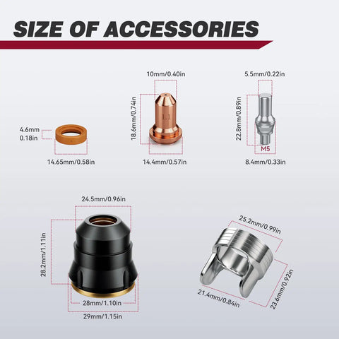 Diagram showing dimensions of IPT60 Plasma Cutter Torch Consumables.045 Inch Tip Set for 50-60A components.