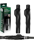 Two Pack Golf Grip Trainer Set For Better Swing Posture And Grip Strength Training Aid next to packaging and club handle