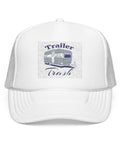 Funny Camping Trailer Trash Trucker Hat White For RV Lovers And Camp Fans showing front design with breathable mesh back