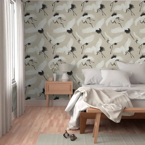 Premium Bird Pattern Large Scale Pvc Free Wallpaper Featuring Hella Durable Matte Linen Texture in a bedroom setting.