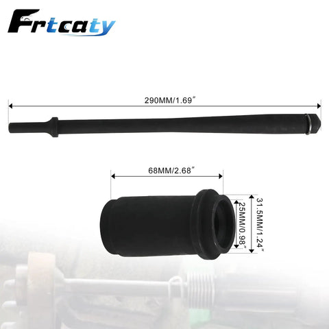 Heavy Duty Truck Anchor Pin Bushing Kit For Easy Pneumatic Driver Install And Removal Get It Done Fast On One And Three Eighths Inch Bushings And Stuck Pins In Trucks And Trailers Without Dismantling, showing measurements of driver tool and bushing.