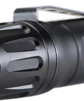 Close-up of black Beast Mode Tactical LED Flashlight with 1124 Lumens, clip and textured tail cap visible, aluminum body detail.