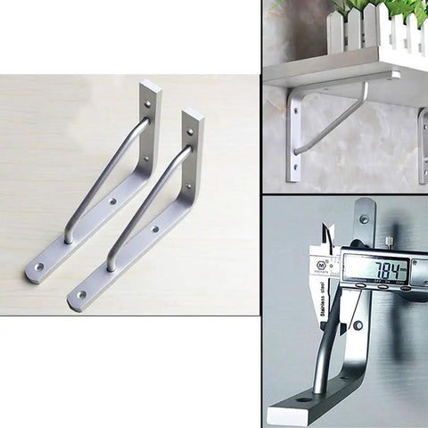 Hardcore Heavy Duty Aluminum L Bracket Rock Solid Wall Mount Shelf Support For Wood Boards And Room Dividers Rustproof Steel Corner Brace Built Tough For Garage Shelves shown in various angles on wall.