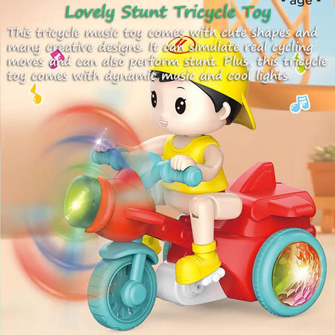 360 Degree Stunt Tricycle Toy With LED Lights And Dynamic Music Ride Simulation Pedicab STEM Spinning Electric Trike For Kids red trike with rider and spinning front wheel